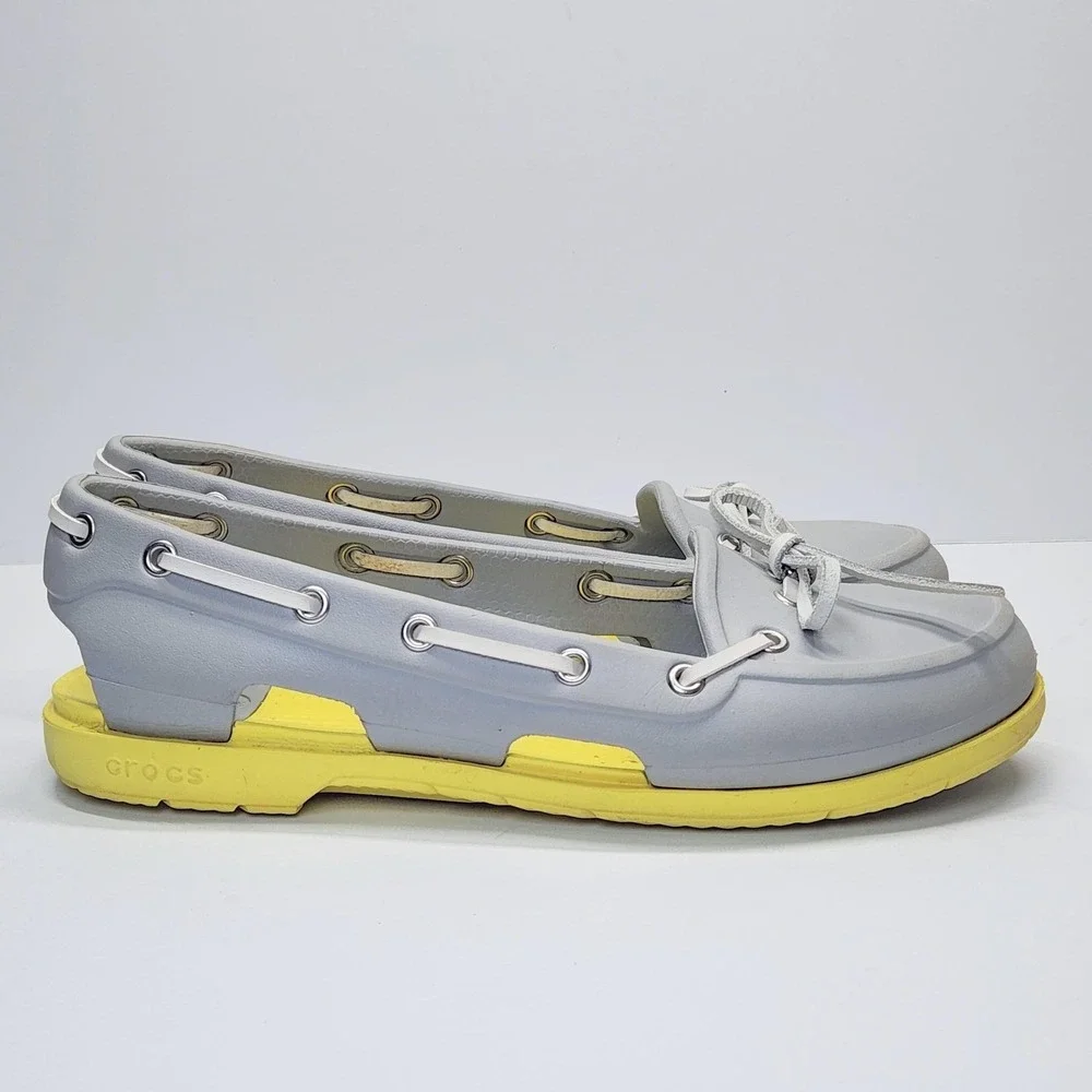 Crocs A-Leigh Boat Shoes Womens Size 7 Gray Yellow Slip On Comfort Flats 14261